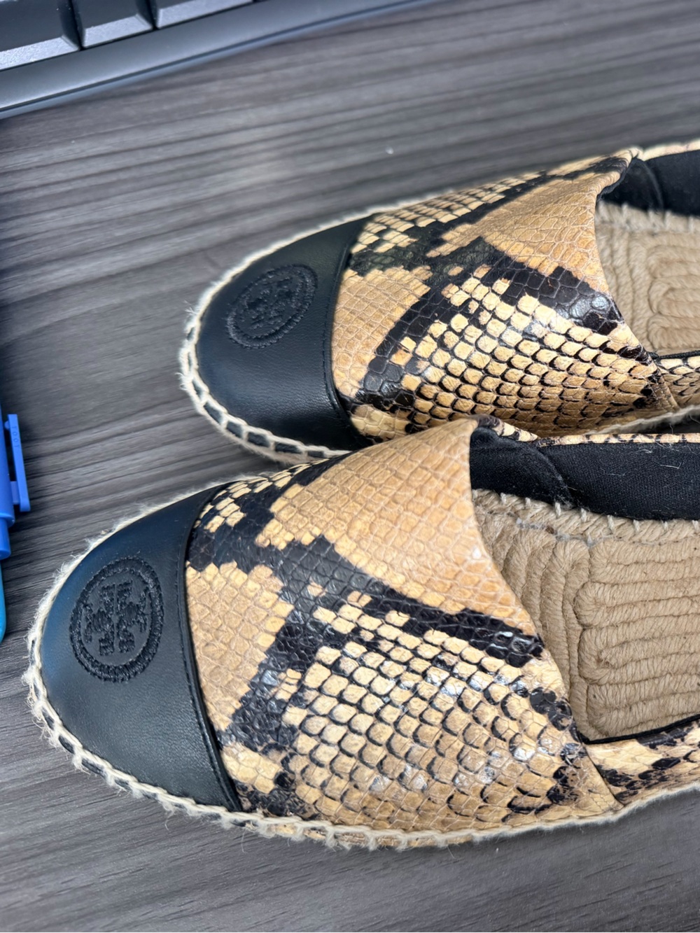 Tory Burch Woven Snake-Print Espadrille Flats - Black & Tan